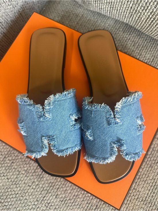 Hermes Shoes - NEW in box HERMÈS Bleu Clair DENIM Fringe Oran Sandals